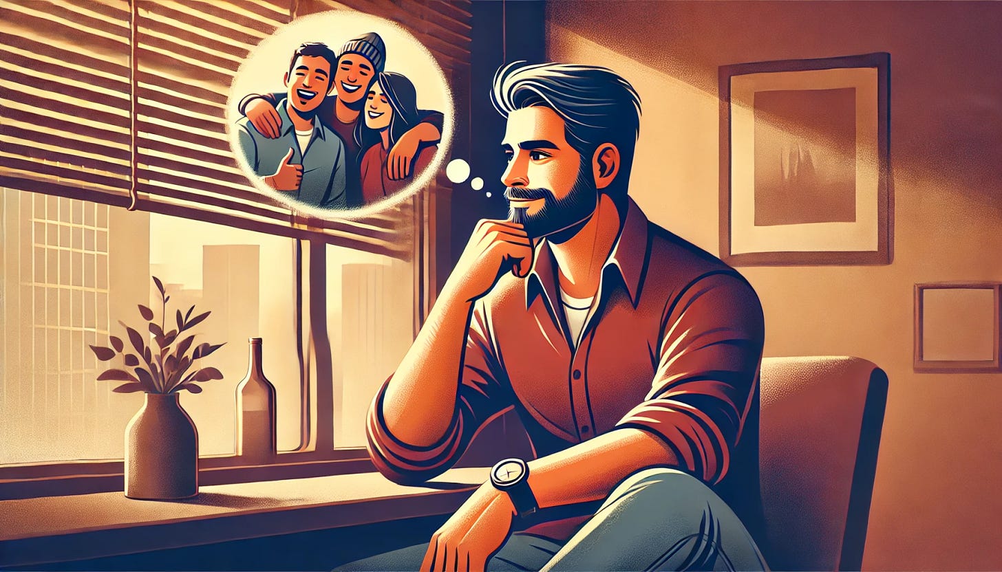 A modern, animated-style image of an Indian man in his mid-40s, with a trim beard, sitting thoughtfully in a quiet room and looking out a window with a nostalgic, yearning expression. A subtle thought bubble above his head shows a warm memory of him out with friends, sharing laughter and companionship. The colors are warm and muted, creating a reflective, relatable mood. Landscape orientation, suitable for a newsletter.