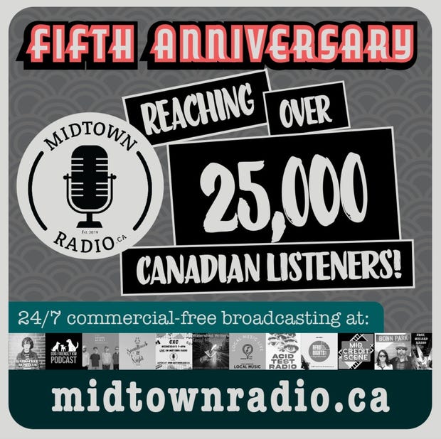 Text: 5th anniversary. Midtown Radio. Reaching Over 25,000 Canadiain listeners!