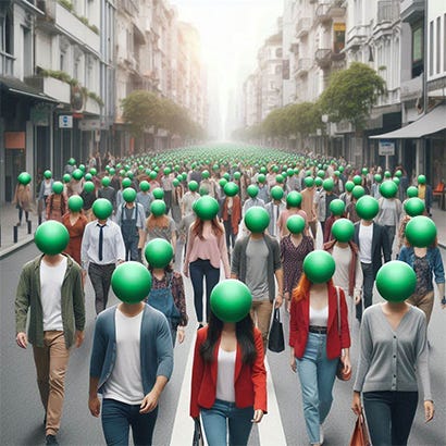 A crowd of 50 people of diverse ethnicities, ages, and genders walking in an empty narrow street in a city. Each person is dressed differently (some casual, some professional, different colors). Every person is walking towards me, the viewer. All of them--every single person-- has a bright green hairless perfect sphere where their head would be. Photo quality.