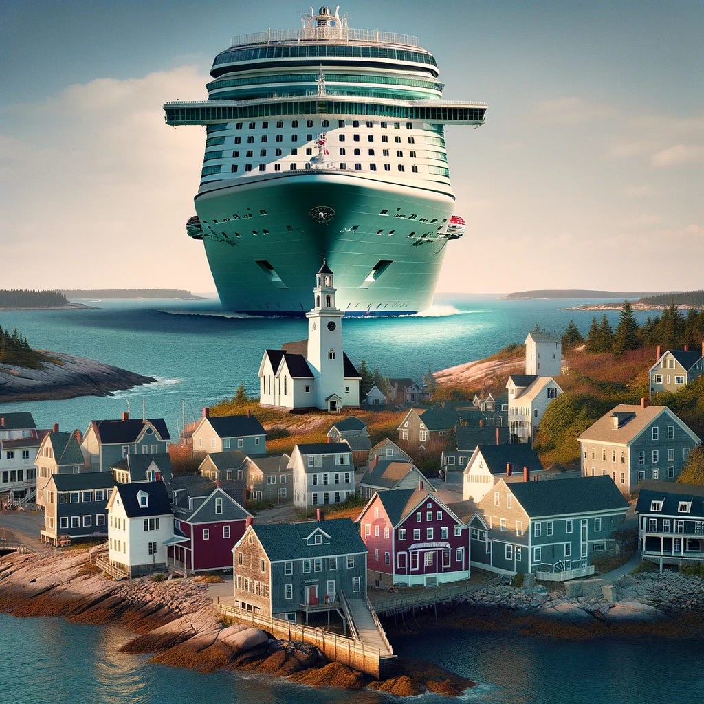 A surreal scene where a giant cruise ship is towering over a quaint New England town, but without any human-like facial features. The ship looms large above the town, which has picturesque New England architecture, including small houses, a lighthouse, and a church. The ocean is visible in the background, and the sky is clear. This scene portrays the immense scale of the cruise ship compared to the small town, creating a dramatic and fantastical atmosphere.