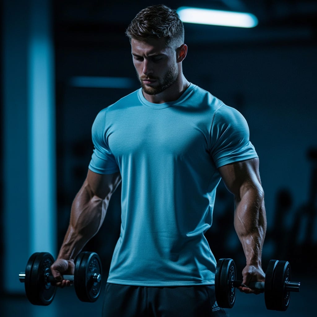 Male bodybuilder wearing a light blue t-shirt doing dumbbell bicep curls in a dark modern gym with blue fluorescent lighting.