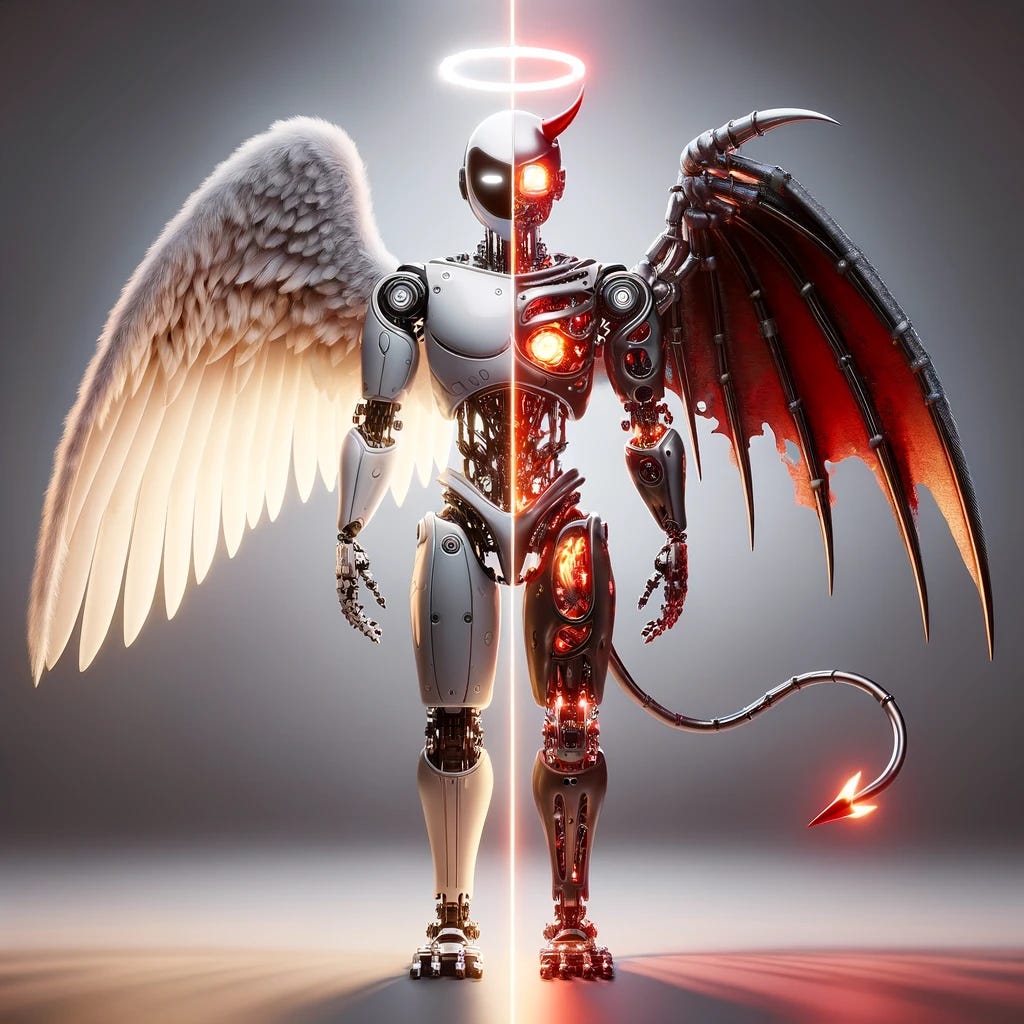 Create a 3D render of a robotic artificial intelligence, where one half of the robot is designed to look like an angel, complete with wings and a halo, while the other half is designed to look like a devil, including horns and a tail. The angelic side should have a sleek, metallic finish with light emanating from it, symbolizing purity and benevolence. The devilish side should contrast sharply, with a darker, more rugged metal texture, and possibly flames or red lighting to emphasize its malevolent nature. The robot should be positioned in a way that clearly showcases the duality of its design, standing in a neutral background to focus all attention on the contrast between its two halves.