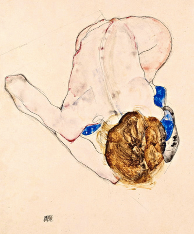 Nude with Blue Stockings Bending Forward by Egon Schiele
