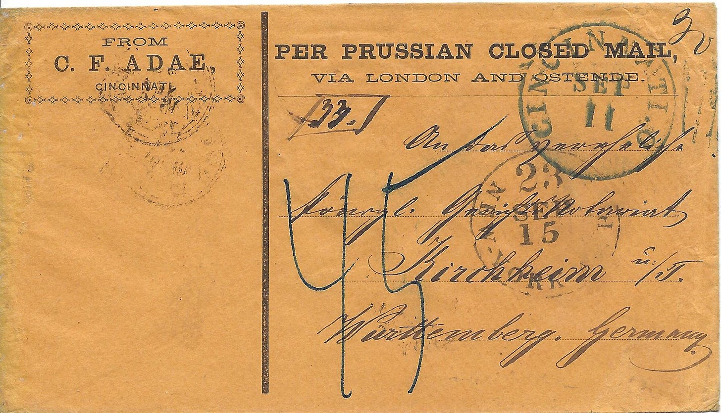 An 1860 envelope from Cincinnati to Wurttemberg