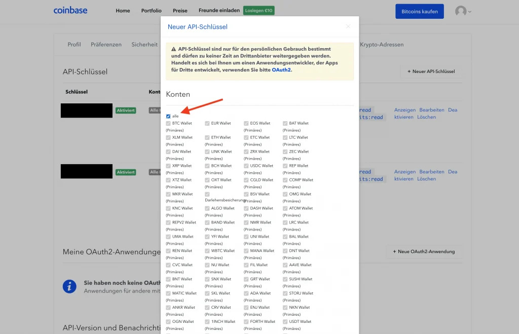 Coinbase Konten alle auswählen
