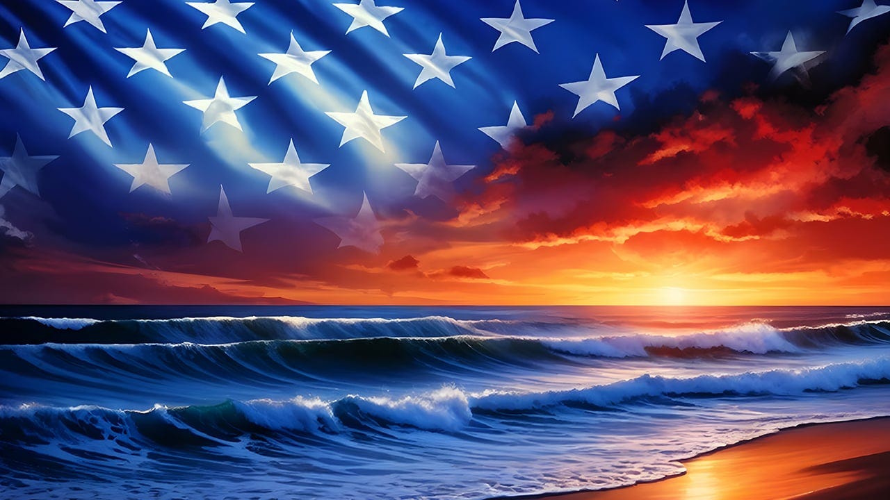 American Flag over Ocean