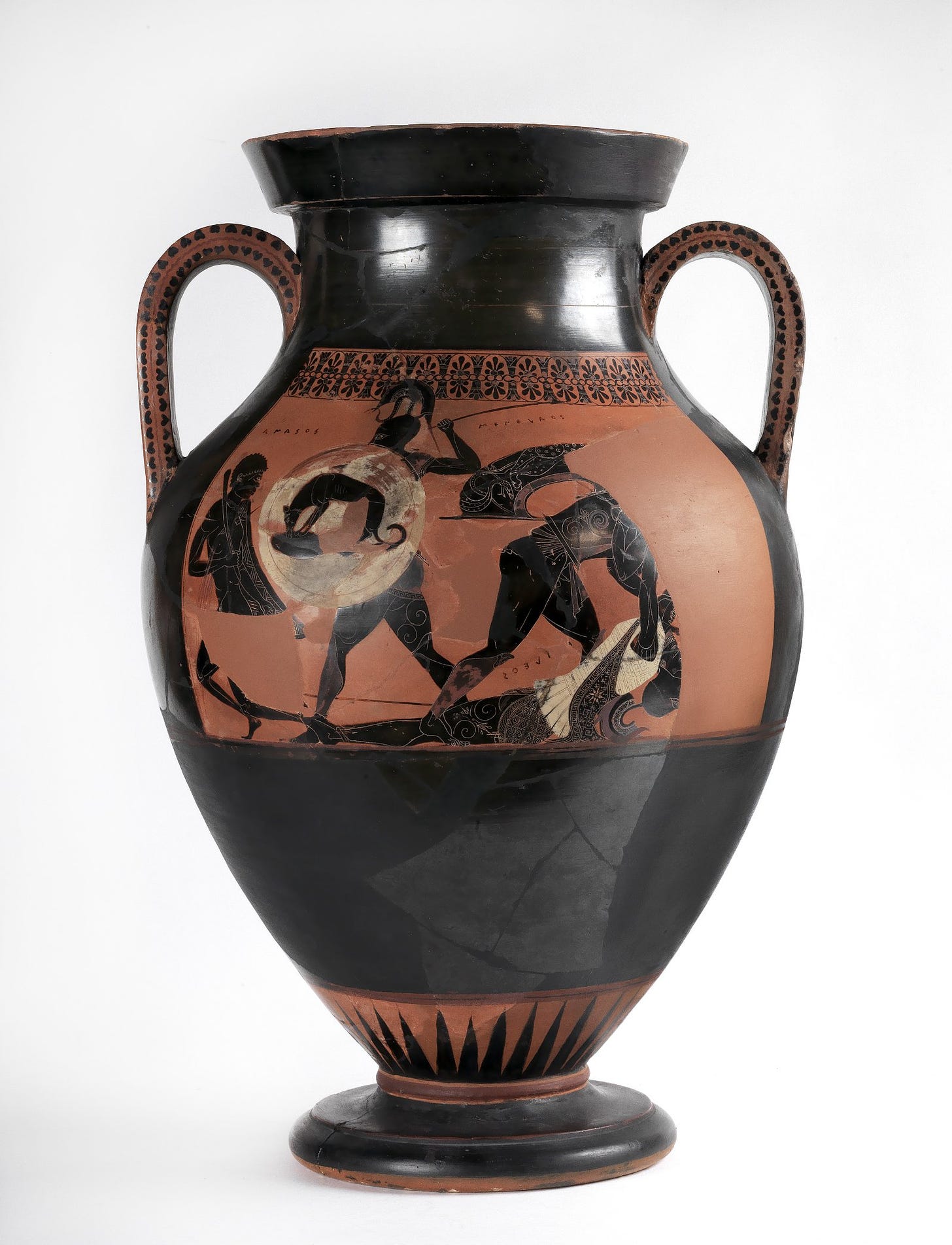 Black figure vase: Side A: Ajax with the body of Achilles. Left, Menelaos (labeled), holding a round shield (device: dog with a haunch of a hoofed animal), has pushed his spear into the chest of a naked Aithiopian (labeled Amasos) who holds a club and a pelta (wicker shield). At right, Ajax bends to lift the dead body of Achilles (name partially preserved). B: Death of Antilochos. Antilochos (labeled) lies slain in center. Three warriors run to left: two helmeted warriors with round shields (device of one shield: crow) and spears and a bearded man in a flapped hat. They chase two naked men, one carrying a pelta, away from the body of Antilochos Palmette lotus chain above panels. With Greek dipinto inscriptions. The foot is not preserved, restored in plaster.
