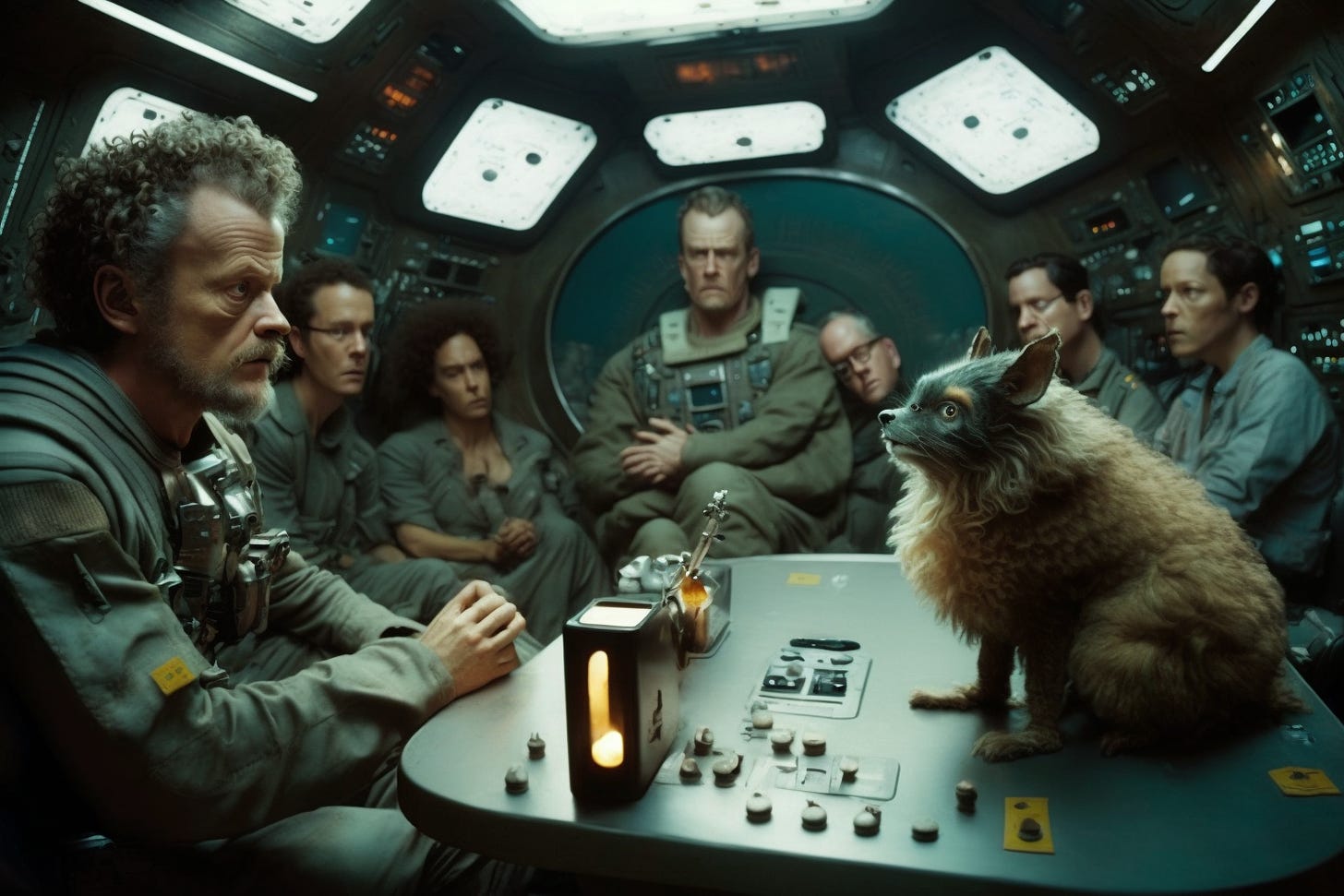 A tense cramped scene inside a space ship with one character looking at fluffy dog-like creature they’ve mistakenly brought on board.