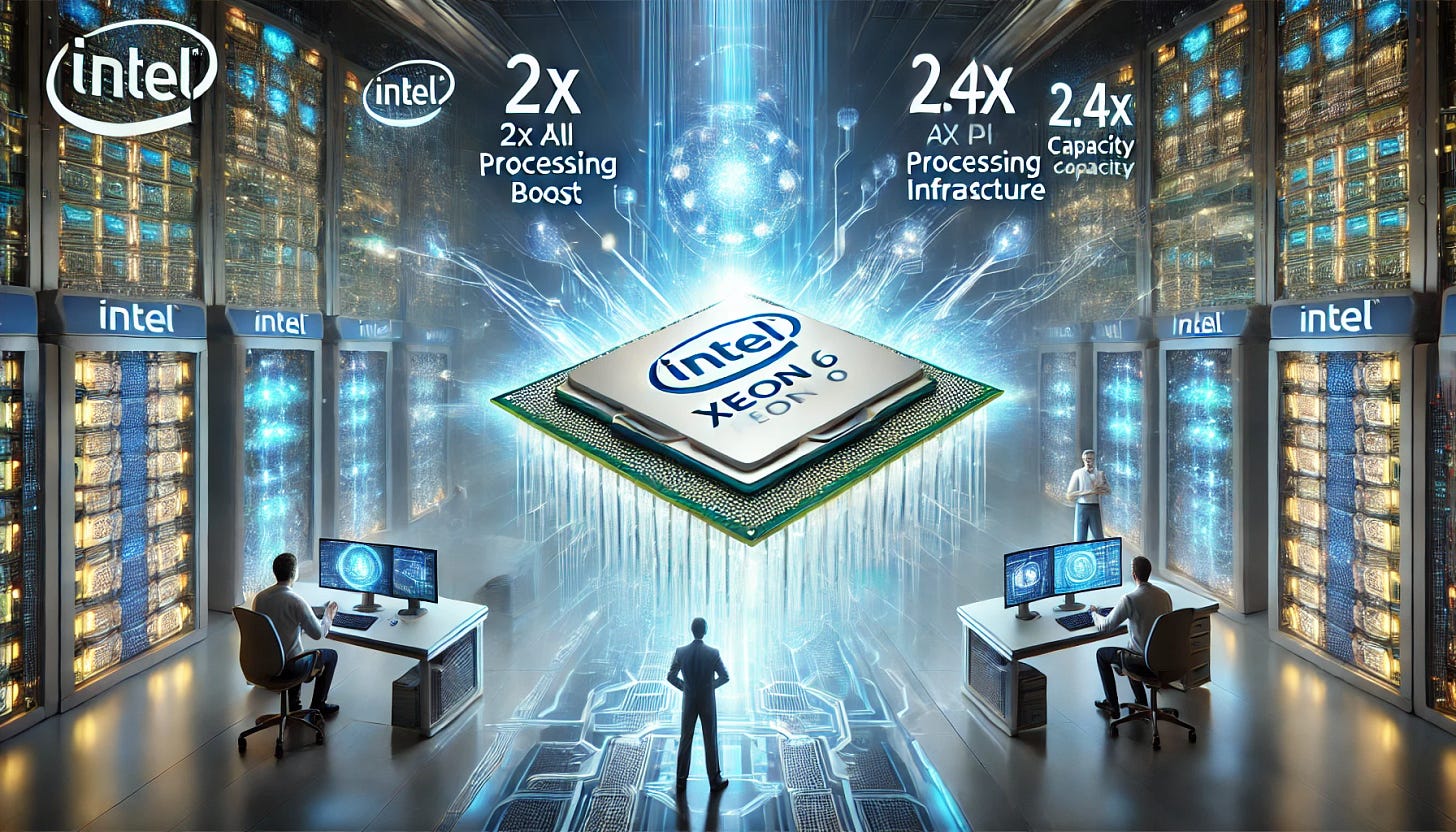 A 16:9 futuristic illustration showcasing Intel’s unveiling of its Xeon 6 processors, highlighting leadership in AI and network infrastructures. The scene features a glowing Intel Xeon 6 CPU at the center, emitting vibrant blue and silver energy waves, symbolizing its enhanced AI processing power. Surrounding the chip, interconnected data servers and high-speed networking infrastructure display real-time performance metrics. Holographic overlays highlight the 2x AI processing boost and 2.4x capacity improvements. Engineers and AI-driven robotic systems monitor the performance, while a futuristic data center skyline reinforces Intel’s technological advancements.