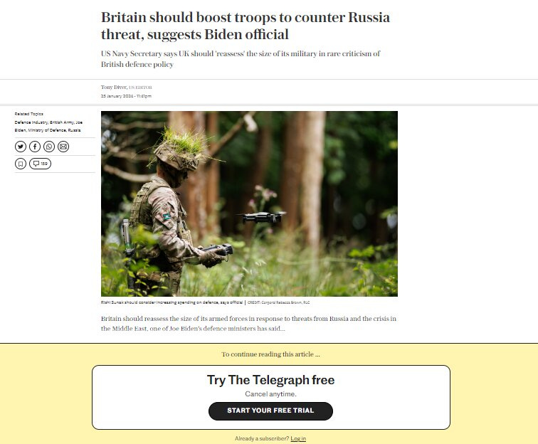 An example of the paywall on The Telegraph's website