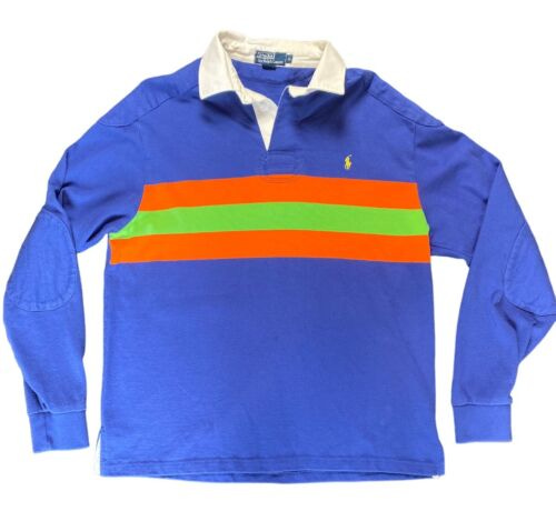 Polo Ralph Lauren vintage rugby mens L Multicolor Blue Orange Elbow Patches - Picture 1 of 5
