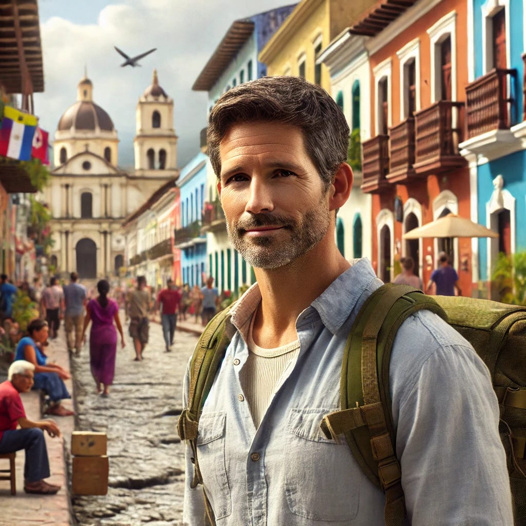 A realistic scene of a retired military veteran, mid-30s, with a calm demeanor, walking through a colorful Latin American city. The setting includes cobblestone streets, colonial-style buildings, vibrant street art, and a lively atmosphere with locals in the background. The veteran is dressed casually, wearing a light shirt and jeans, carrying a small backpack, and looking content as he explores the city.