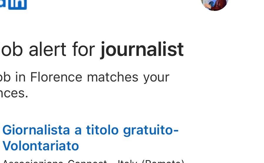 Photo by Lorenzo Fantoni on March 07, 2024. May be a Twitter screenshot of newspaper and text that says 'o ob alert for journalist b in Florence matches your ces. Giornalista a titolo gratuito- Volontariato'.