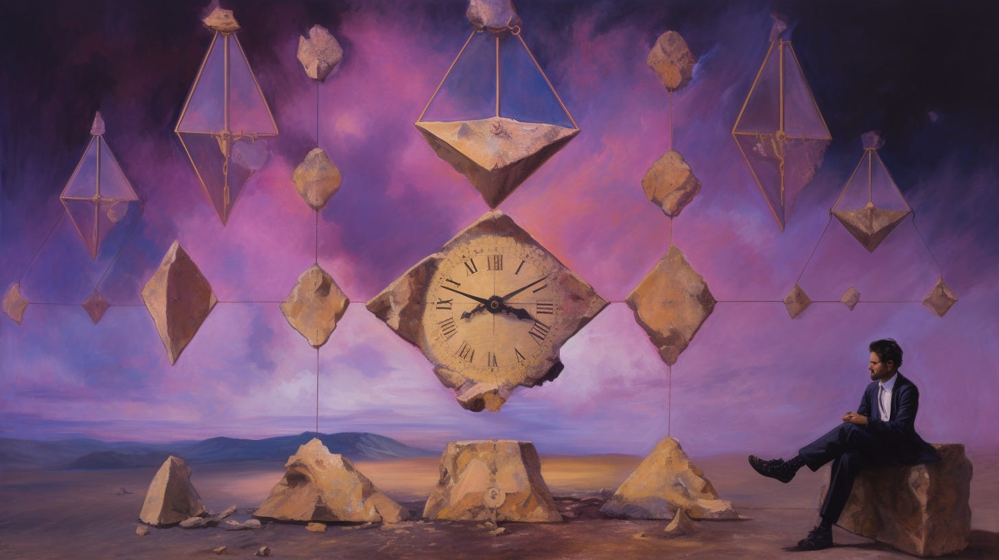 multidimensional inanna erishkigal infinituple timelines merkabah akkadian at twilight violet oil painting by surrealist salvador dali