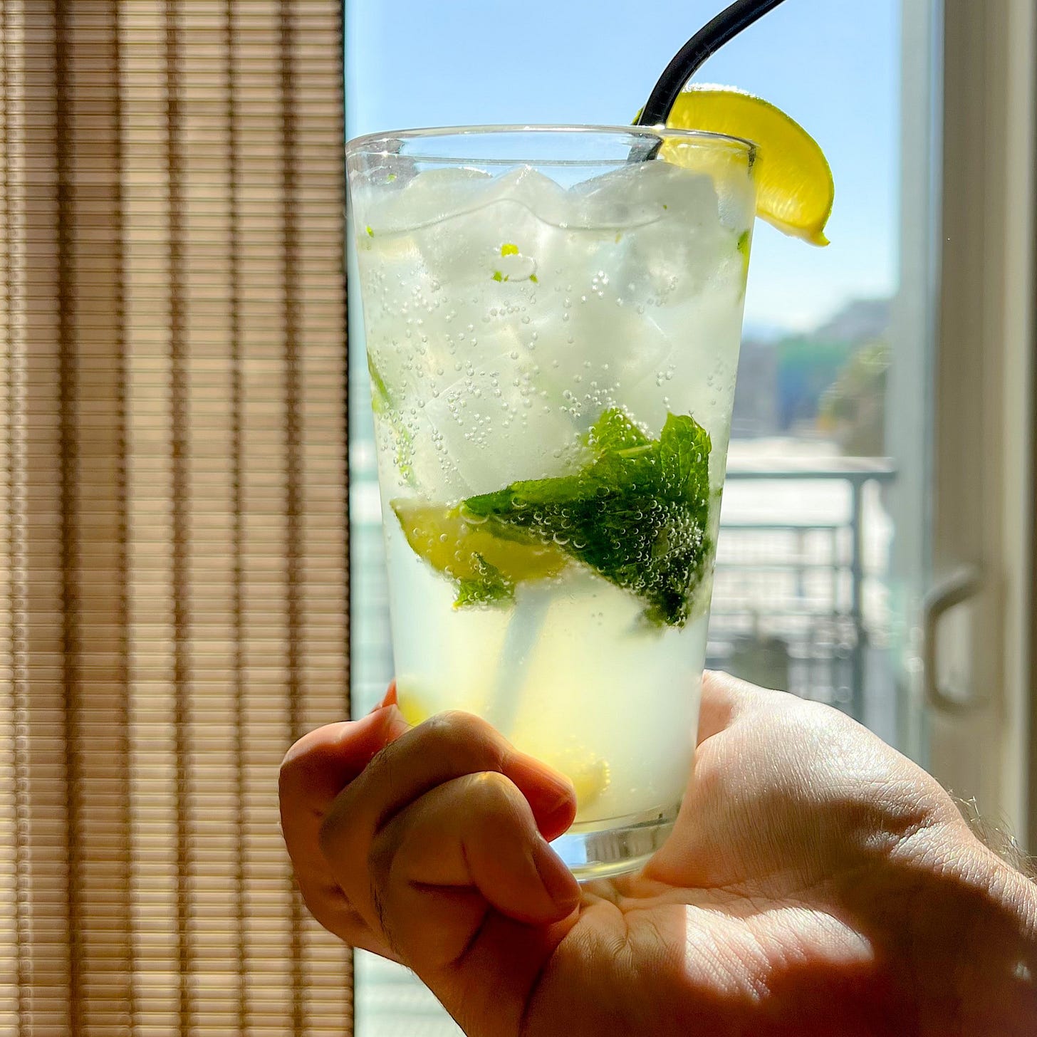 A hand holding a clear pint glass with ice, liquid, lime and mint leaves floating around a straw, against a sunny window