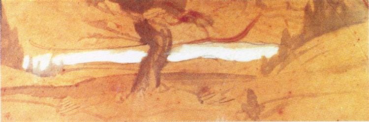 An art nouveau sketch by Nicholas Roerich in sepia tones, "Kiss the Earth," 1912