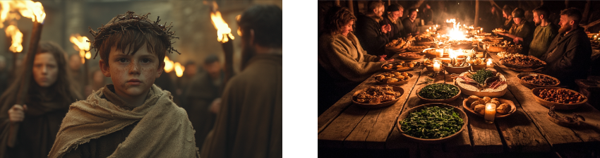 Two evocative images with a medieval or rustic atmosphere. The left image shows a young child wrapped in a rough cloak and wearing a crown of twigs, standing solemnly in a crowd carrying torches, suggesting participation in a ritual or procession. The right image depicts a long wooden table laden with a feast of vegetables, breads, and roasted meats, illuminated by warm candlelight, as a group of people gathers around, engaged in conversation and camaraderie, evoking a scene of communal celebration or festivity.