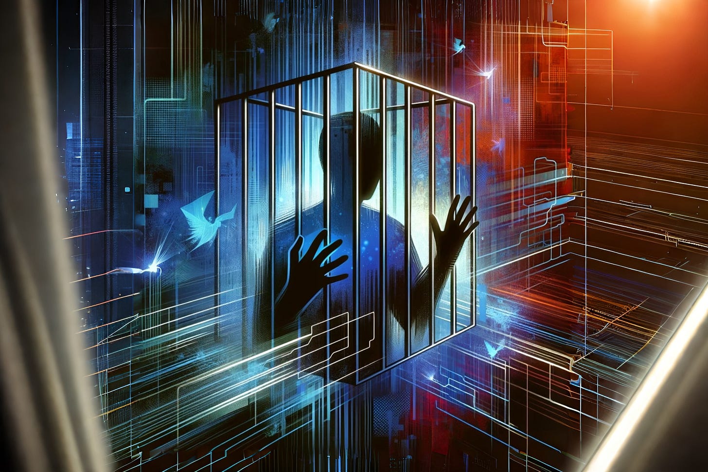 A silhouette of a man encased by a digital prison