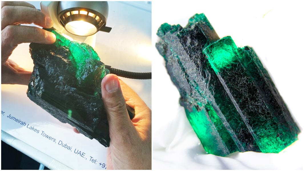 split image of largest uncut emerald being inspected and on white background