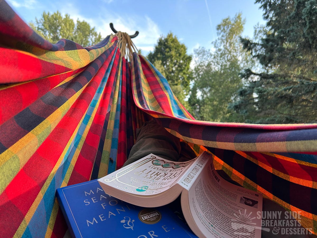 Books in a rainbow hammock.