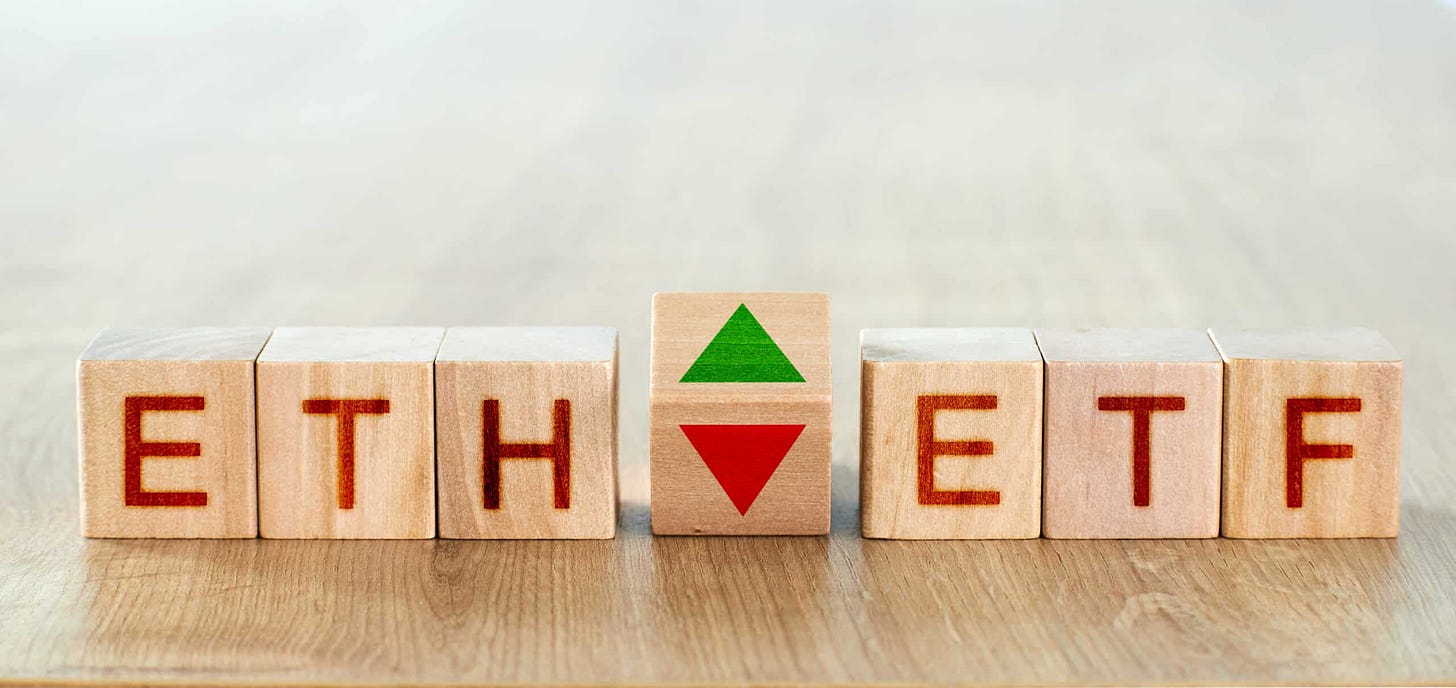 wooden blocks with the inscription eth and etf, as well as arrows symbolizing the rise and fall of the cryptocurrency (Shutterstock)