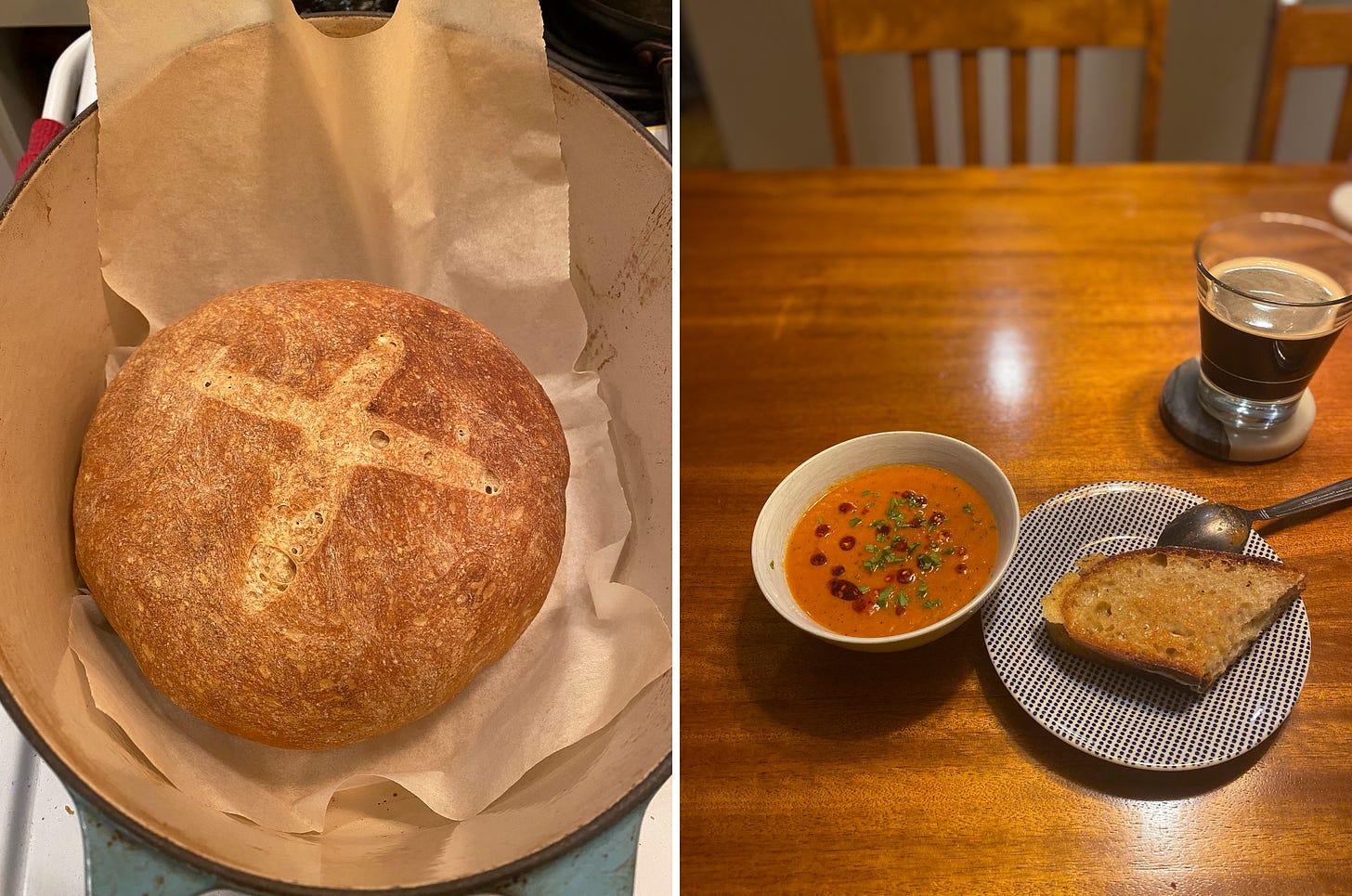 Left image: a sourdough boule with a cross cut into the top, still on its parchment in a dutch oven. Right image: a small bowl of tomato soup garnished with parsley and chili oil, next to a small blue and white plate with a grilled cheese sandwich. A spoon rests on the edge of the plate, and a glass of dark beer is on a coaster just above it.