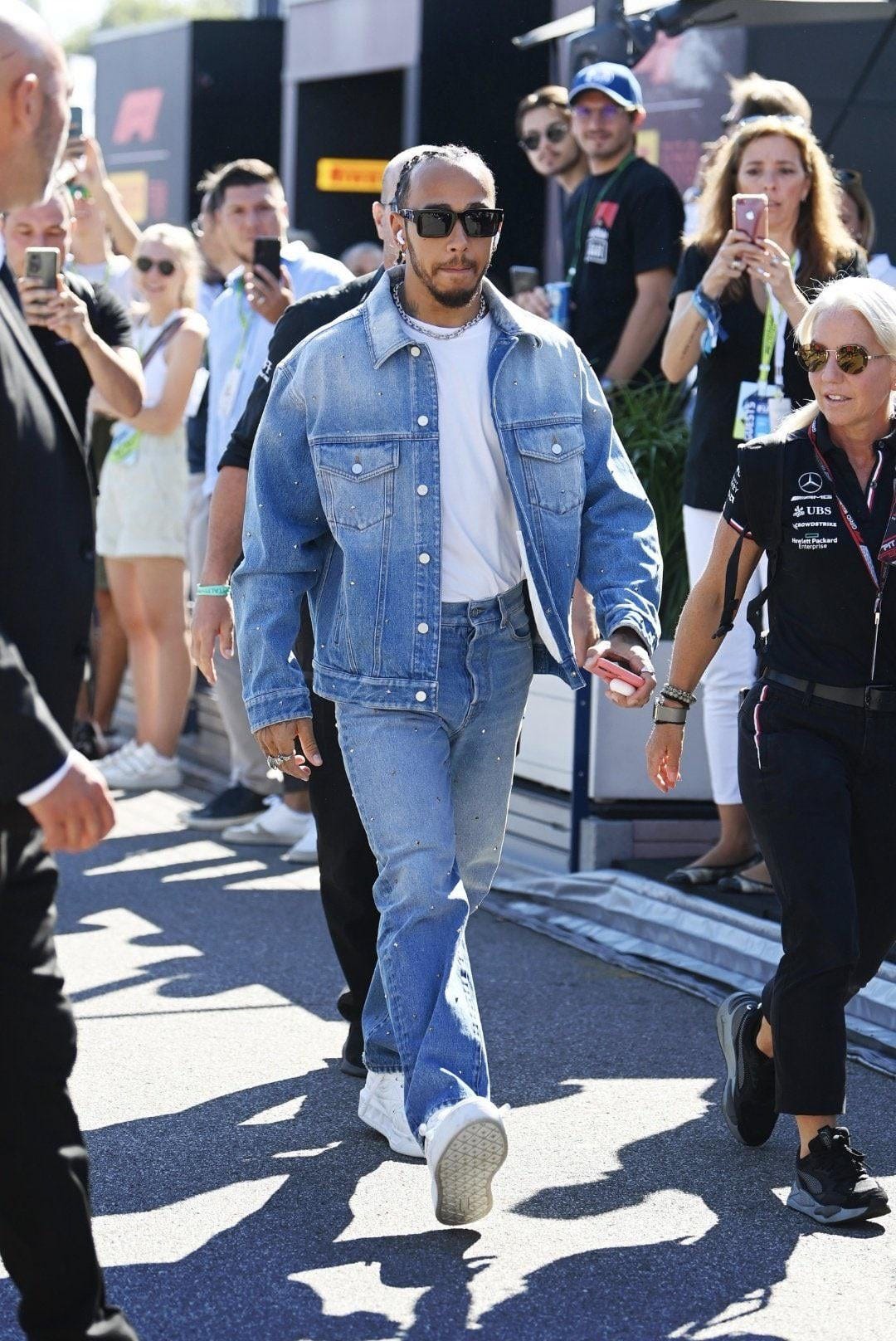 Double denim Lewis arriving at the track today : r/formula1