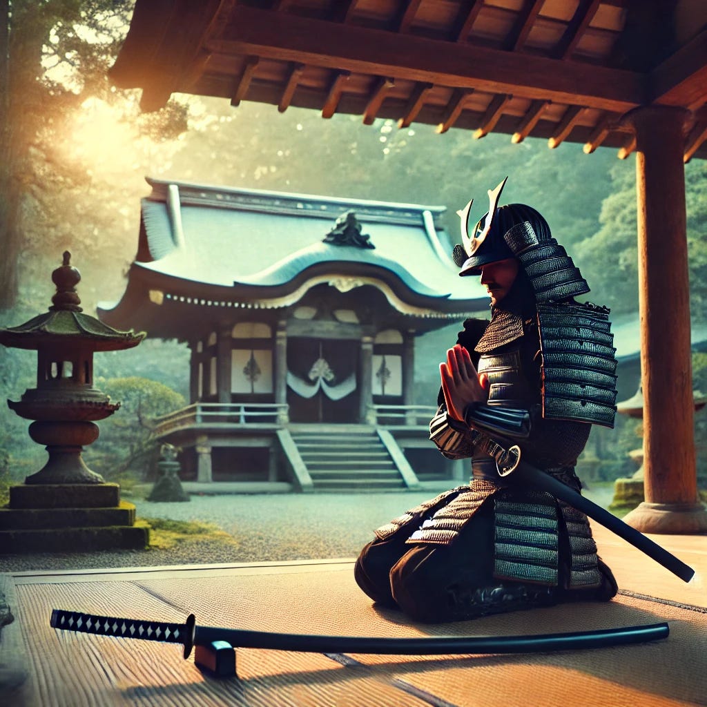 A serene scene of a samurai sitting on his knees in silent prayer before a traditional Japanese temple. His hands are clasped together in prayer, and his eyes are closed in meditation. His katana is placed directly on the ground before him, the blade facing up in a gesture of respect and readiness. The temple is surrounded by tall, ancient trees with soft sunlight filtering through the leaves, casting a tranquil and sacred atmosphere. The samurai wears traditional armor with a calm, stoic expression, emphasizing the quiet reverence of the scene.