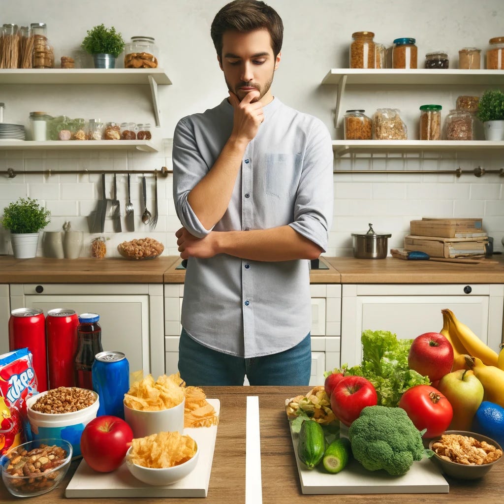 A person standing in a kitchen, looking thoughtfully at two options on the counter. On one side, there's a selection of unhealthy processed foods like chips, soda, and candy. On the other side, there are healthy unprocessed foods, including a variety of fruits, vegetables, nuts, and whole grains. The person is in a state of contemplation, with a hand on their chin, weighing the choices. The kitchen setting is bright and modern, emphasizing the contrast between the two types of food.