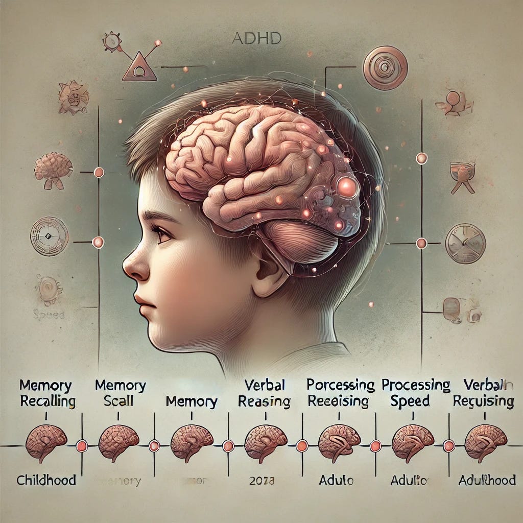 An illustration showing the long-term effects of childhood ADHD on cognitive performance in adulthood. The image depicts a brain with areas like memory, verbal reasoning, and perception highlighted, each showing subtle signs of impairment. A timeline from childhood to adulthood can be represented, with icons or visuals indicating challenges such as memory recall, processing speed, and verbal reasoning. The background features soft, muted tones to represent the complexity and variability of cognitive functioning in ADHD.