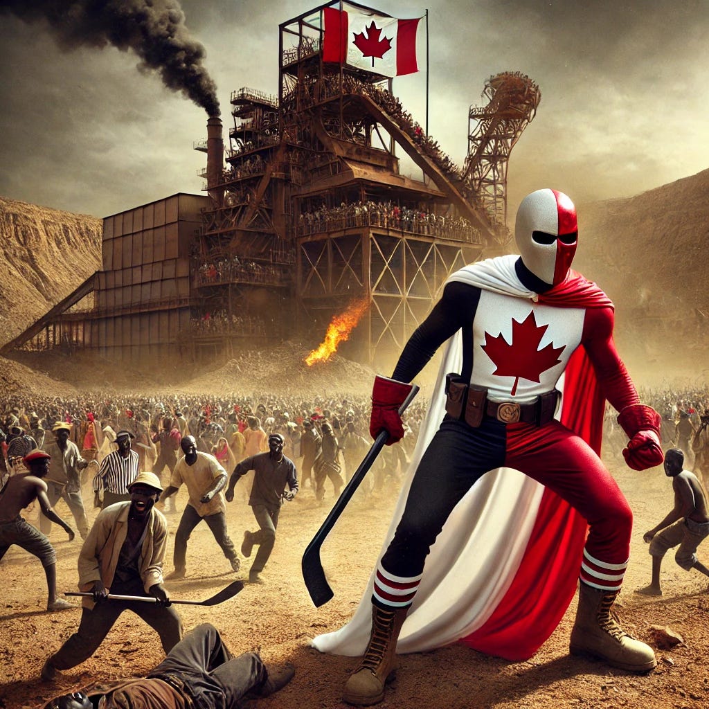 A heroic scene set in the Sahel region of Africa, featuring a Canadian superhero inspired by Two-Face and Captain Canuck defending a mine from an angry mob. The landscape shows the dry, dusty terrain of the Sahel, with sparse vegetation and rugged surroundings. The superhero stands heroically in front of a large industrial mine, holding a defensive pose with a hockey stick in hand, protecting the entrance from an oncoming mob of people, some carrying torches and tools. The superhero's outfit features the red and white Canadian colors with a maple leaf symbol, contrasting with the darker side of his split persona. The atmosphere is tense, with dust in the air and dramatic lighting highlighting the superhero's resolve to protect the mine. The mob looks angry and desperate, while the superhero stands firm, a beacon of justice in a chaotic environment.