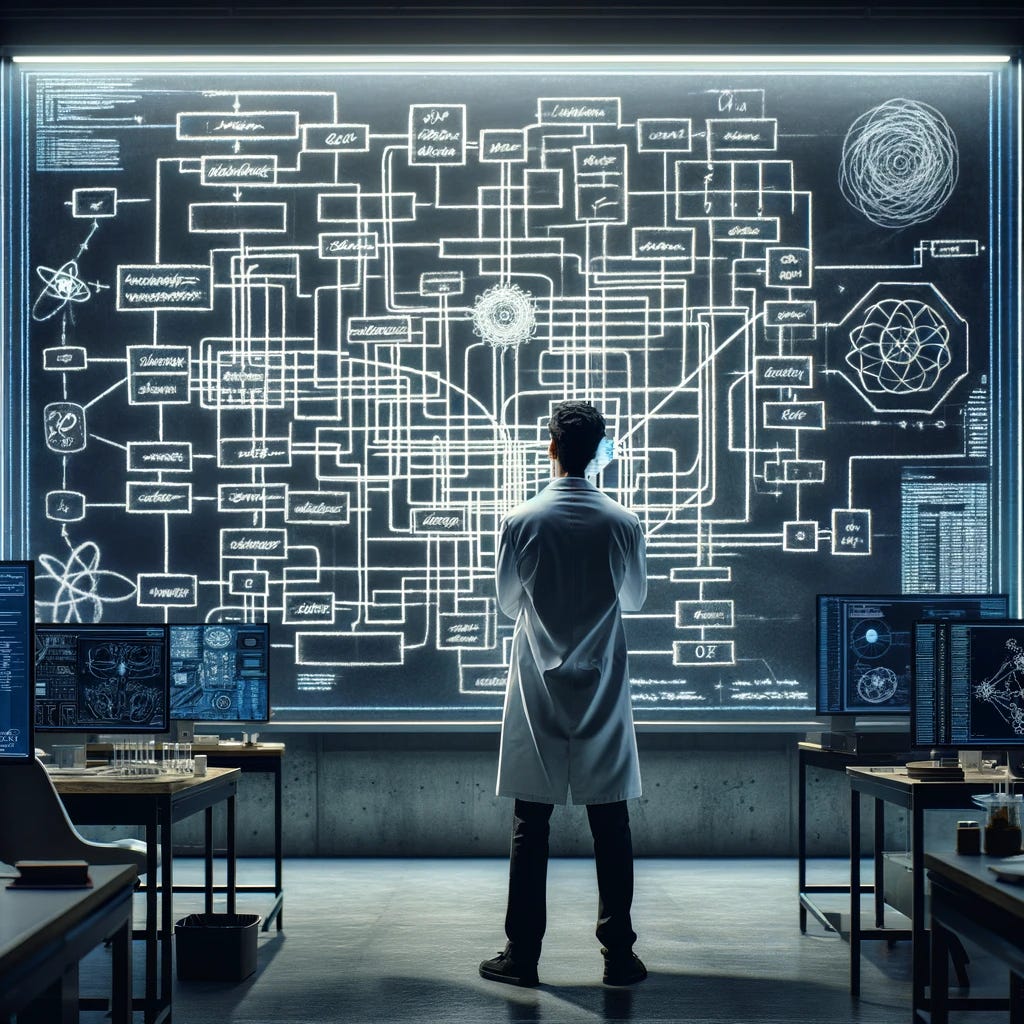 In a high-tech technology laboratory, a person of Hispanic descent, wearing a white lab coat, is focused on a large blackboard. The blackboard showcases an elaborate flowchart sketched in white chalk, illustrating complex forking paths and analytical data. The flowchart is detailed and extensive but does not glow. Surrounding the person are state-of-the-art lab equipments and multiple screens displaying scientific data and computational algorithms. The room is lit with a mix of natural and artificial light, creating a stark contrast between the old-school chalk blackboard and the futuristic lab environment. The person is deeply engrossed in studying the flowchart, reflecting a sense of engagement and intellectual curiosity.