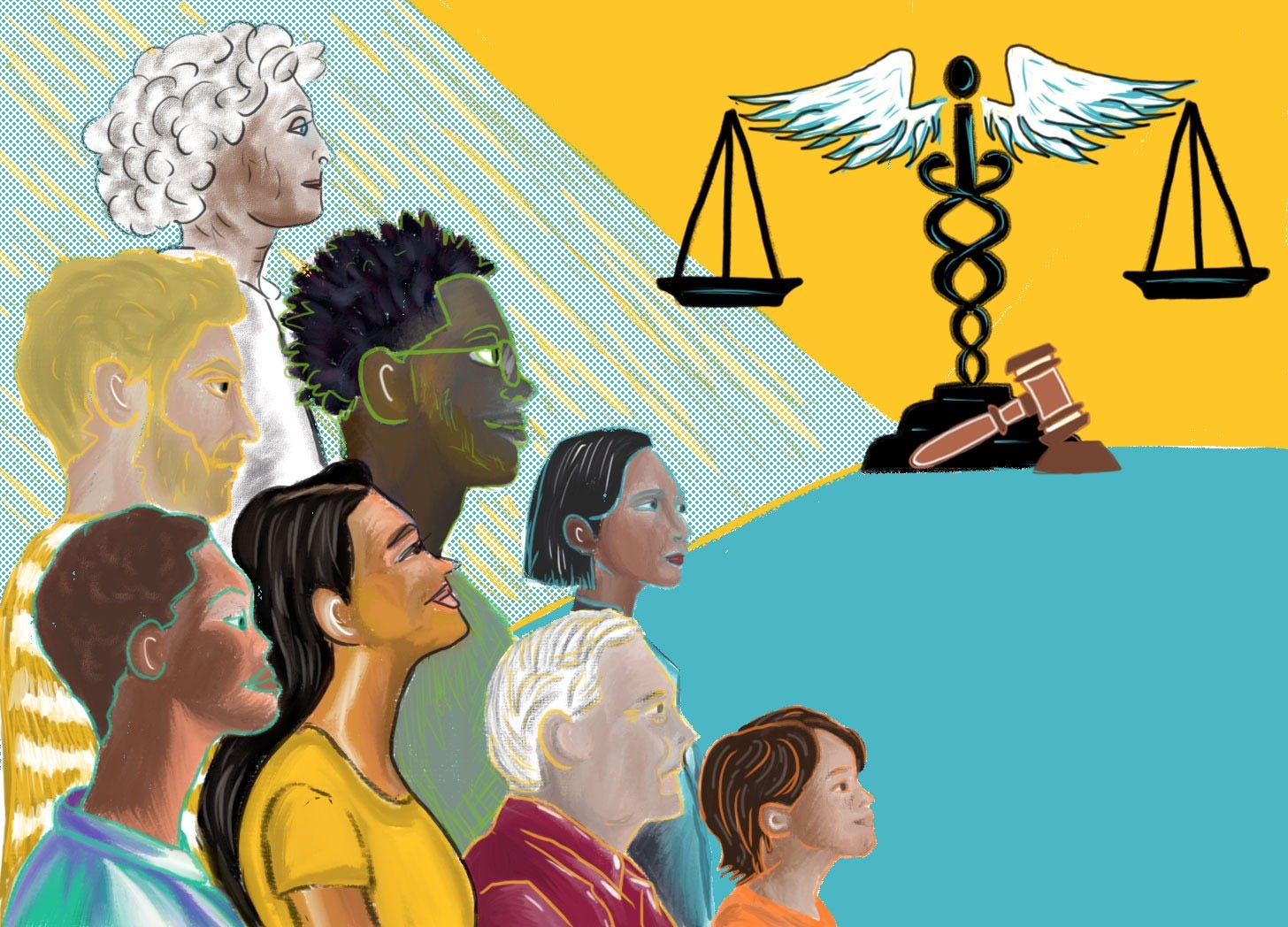 An illustration of a diverse group of people looking towards symbols of justice and medicine. 