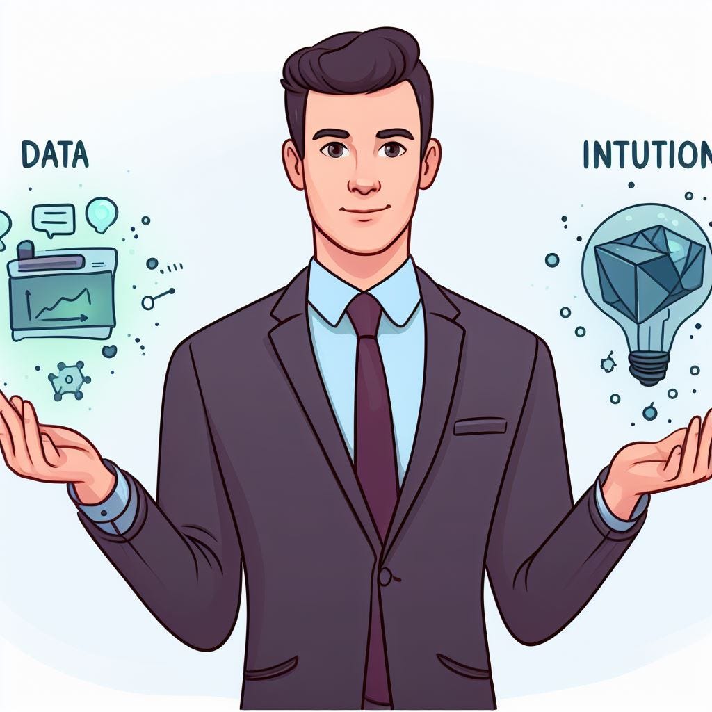 A cartoon man holding up his hands. above each the right hand is data and the left is intuition