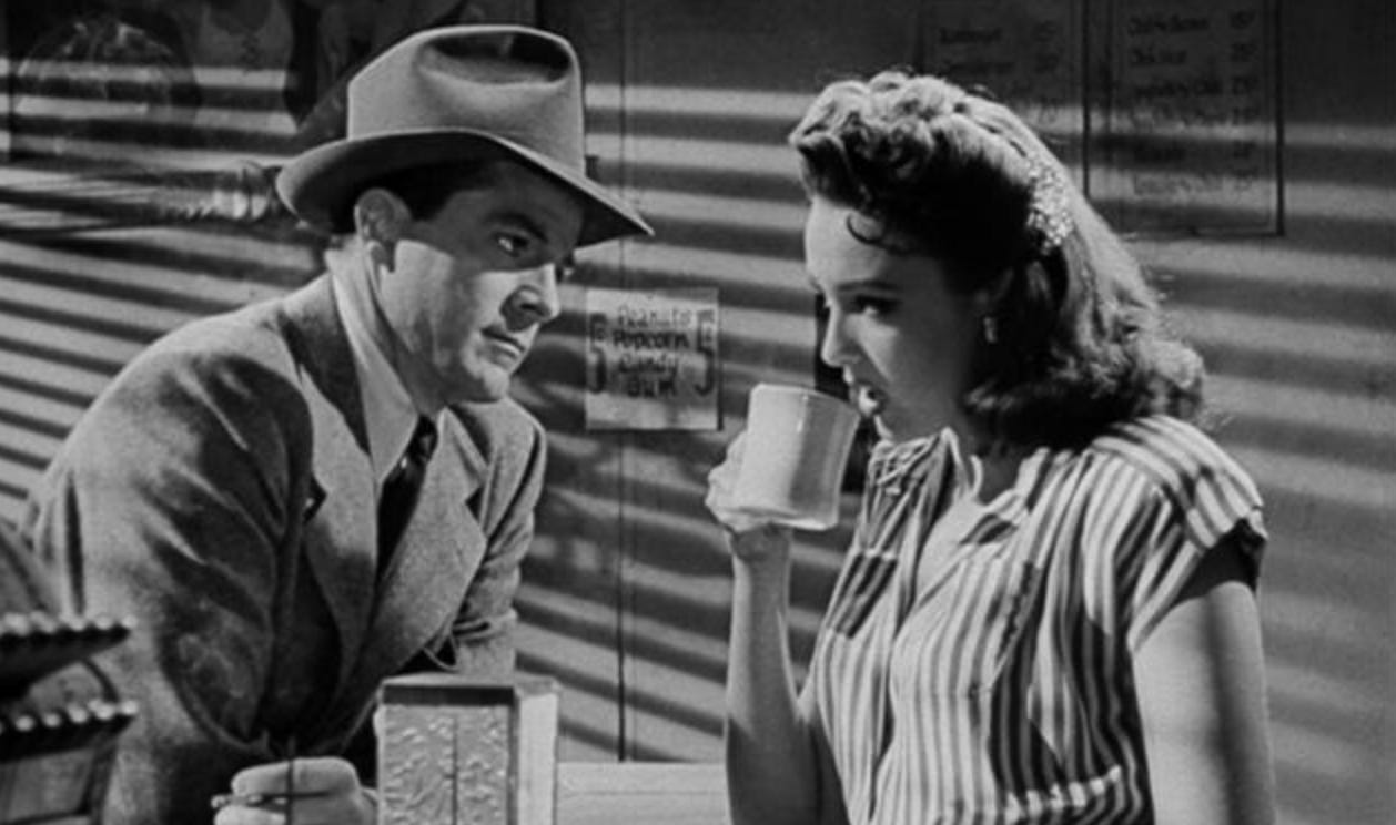 Film noir shot of a woman drinking coffee next to a man in a fedora