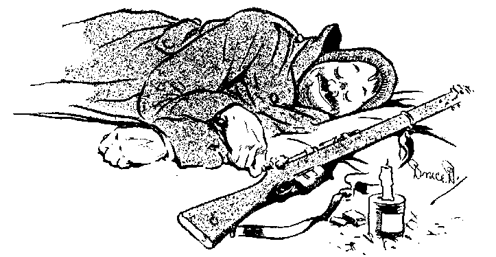A cartoon drawing of a soldier wrapped up warm and fast asleep with a grin on his face. His rifle lies in front of him.
