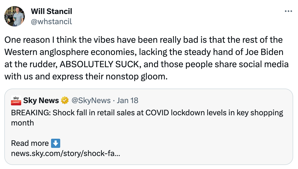  Will Stancil @whstancil One reason I think the vibes have been really bad is that the rest of the Western anglosphere economies, lacking the steady hand of Joe Biden at the rudder, ABSOLUTELY SUCK, and those people share social media with us and express their nonstop gloom. Quote Sky News @SkyNews · Jan 18 BREAKING: Shock fall in retail sales at COVID lockdown levels in key shopping month  Read more ⬇ https://news.sky.com/story/shock-fall-in-retail-sales-to-covid-lockdown-levels-in-key-shopping-month-13051373