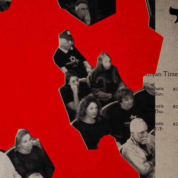 Red paint obscures part of a photo of congregants in a synagogue. On the margin are the words “Minyan Time: Shacharis” referring to Jewish prayer times. In the upper right corner is the Hebrew letter “Yood” which also stands for the number 10.