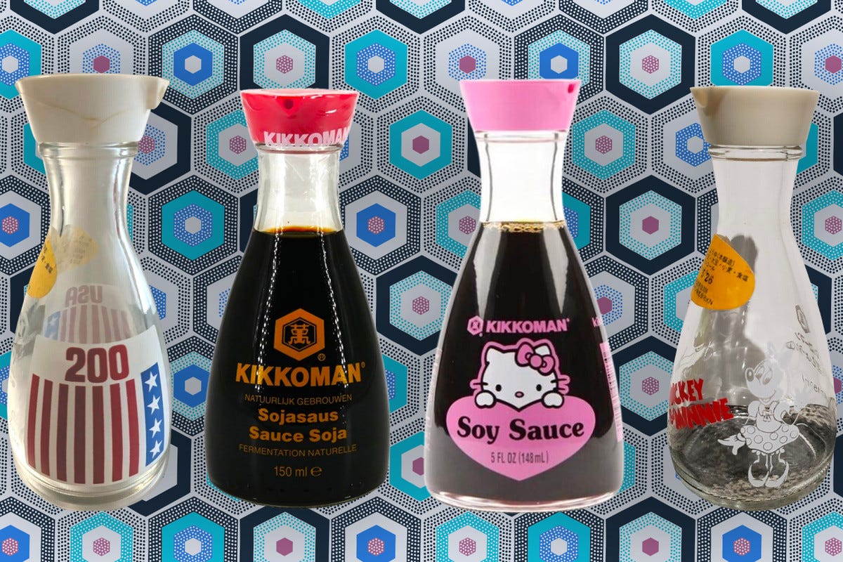 Four soy sauce bottles, one classic and three custom, celebrating the American bicentennial, Hello Kitty, and Mickey Mouse, displayed on a textured background.