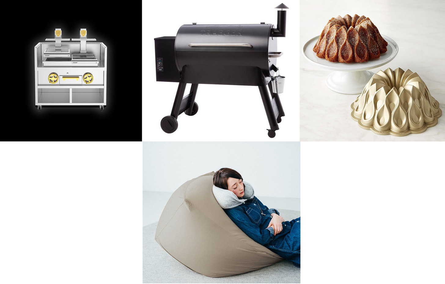 Clockwise from top left: A Josper Basque grill, a Traeger pellet-fed grill, a fancy Nordicware Cake pan, a Muji beanbag chair