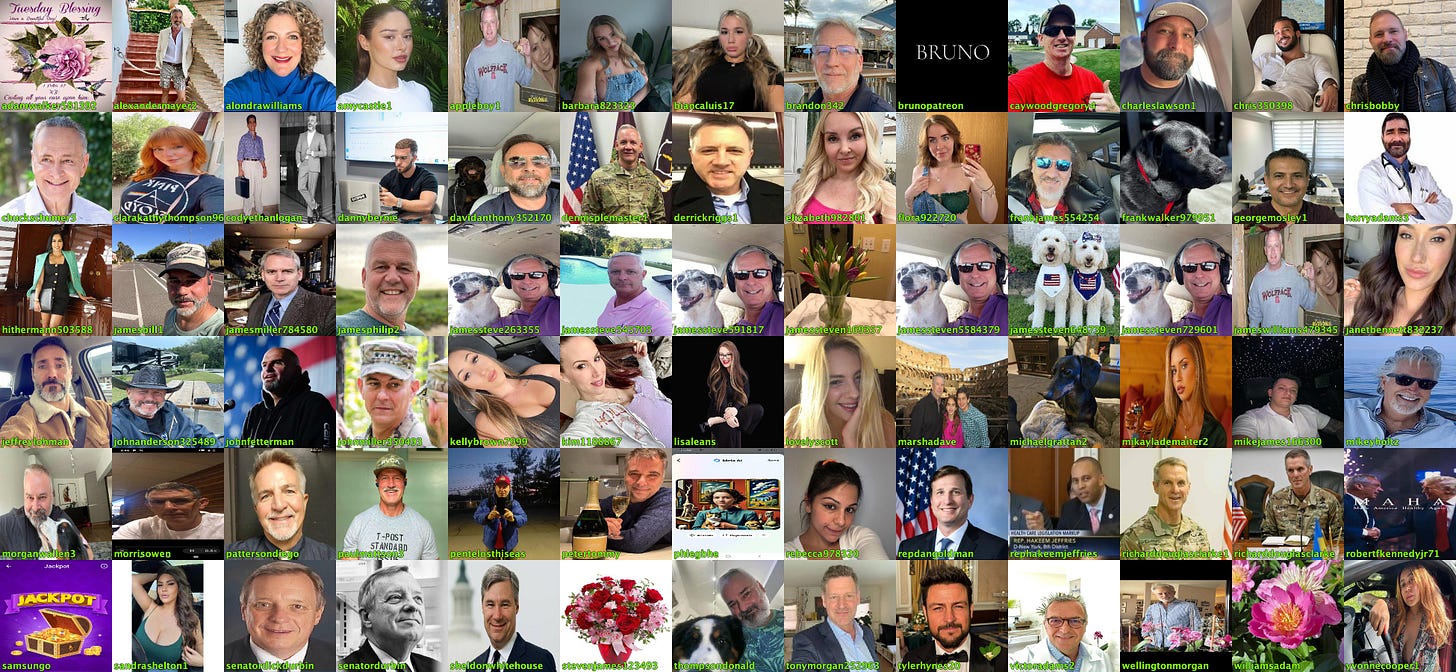 collage of profile images of 78 fake Substack accounts