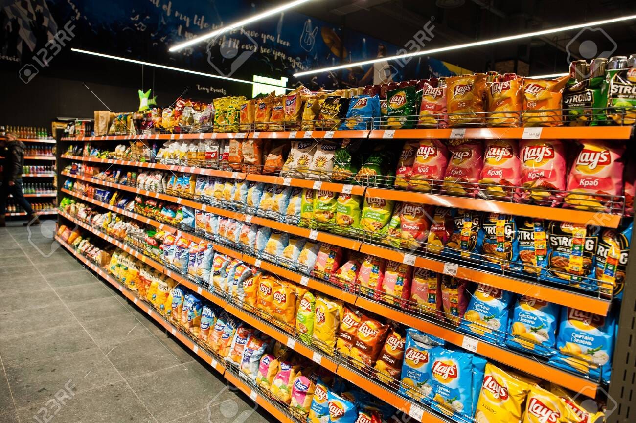 Kiev, Ukraine - September 4, 2019: Silpo Supermarket. Chips And Snacks On  The Shelf Of A Grocery Store. Stock Photo, Picture And Royalty Free Image.  Image 138123406.