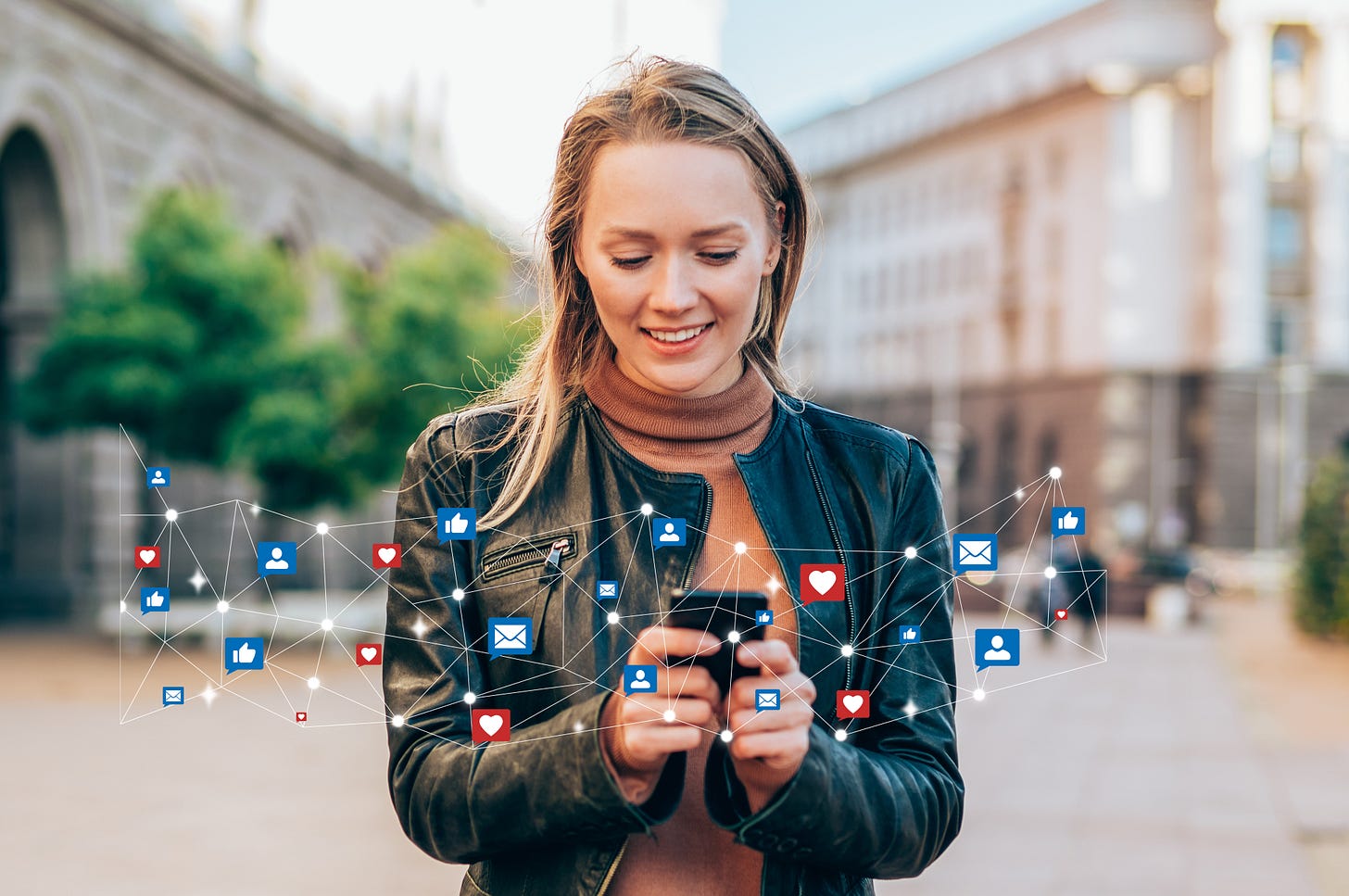 Photo of woman looking at her phone, surrounded by a web of social media icons