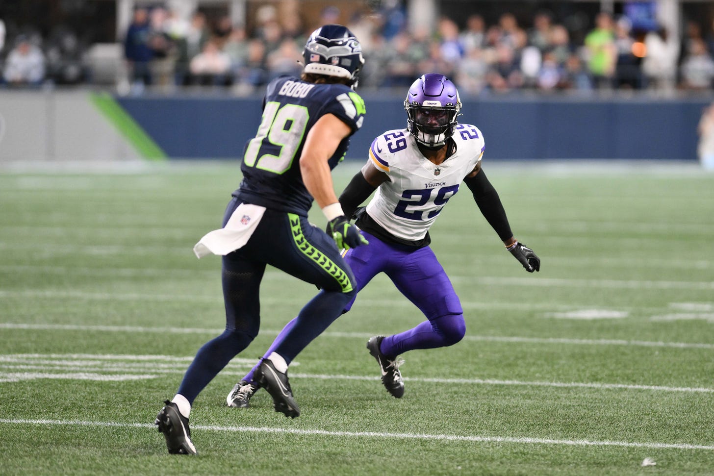 Aug 10, 2023; Seattle, Washington, USA; Minnesota Vikings cornerback Joejuan Williams (29) covers Seattle Seahawks wide receiver Jake Bobo (19) at Lumen Field.