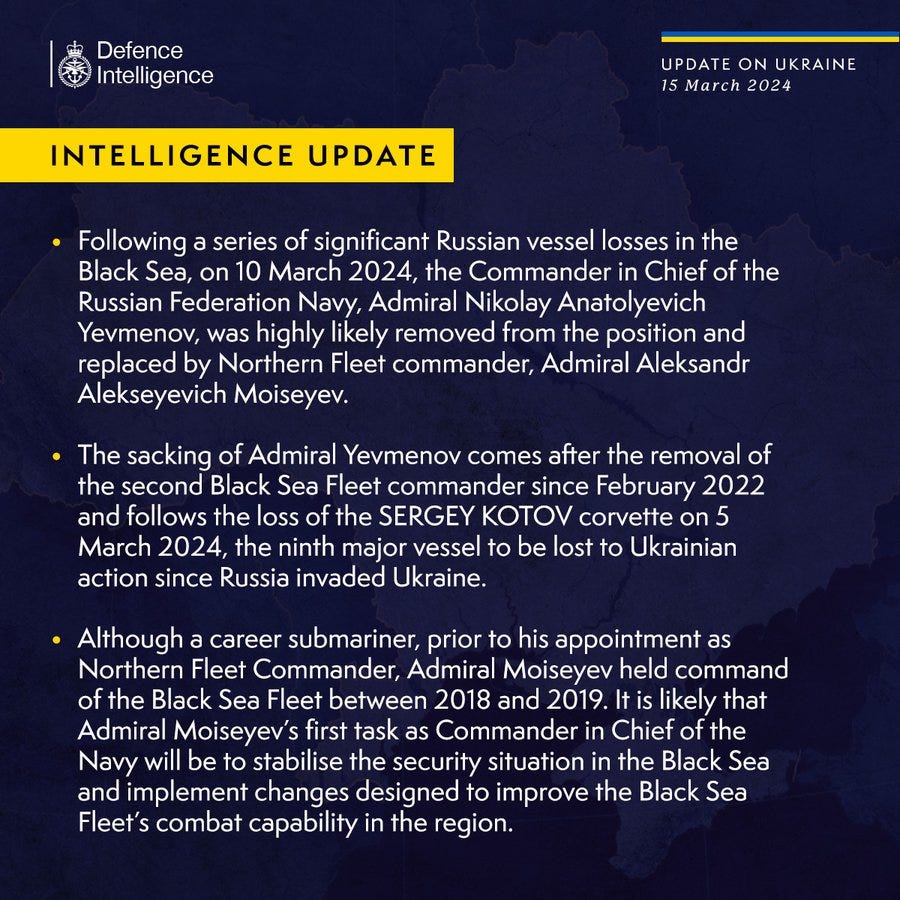 Following a series of significant Russian vessel losses in the Black Sea, on 10 March 2024, the Commander in Chief of the Russian Federation Navy, Admiral Nikolay Anatolyevich Yevmenov, was highly likely removed from the position and replaced by Northern Fleet commander, Admiral Aleksandr Alekseyevich Moiseyev.

The sacking of Admiral Yevmenov comes after the removal of the second Black Sea Fleet commander since February 2022 and follows the loss of the SERGEY KOTOV corvette on 5 March 2024, the ninth major vessel to be lost to Ukrainian action since Russia invaded Ukraine.

Although a career submariner, prior to his appointment as Northern Fleet Commander, Admiral Moiseyev held command of the Black Sea Fleet between 2018 and 2019. It is likely that Admiral Moiseyev’s first task as Commander in Chief of the Navy will be to stabilise the security situation in the Black Sea and implement changes designed to improve the Black Sea Fleet’s combat capability in the region.