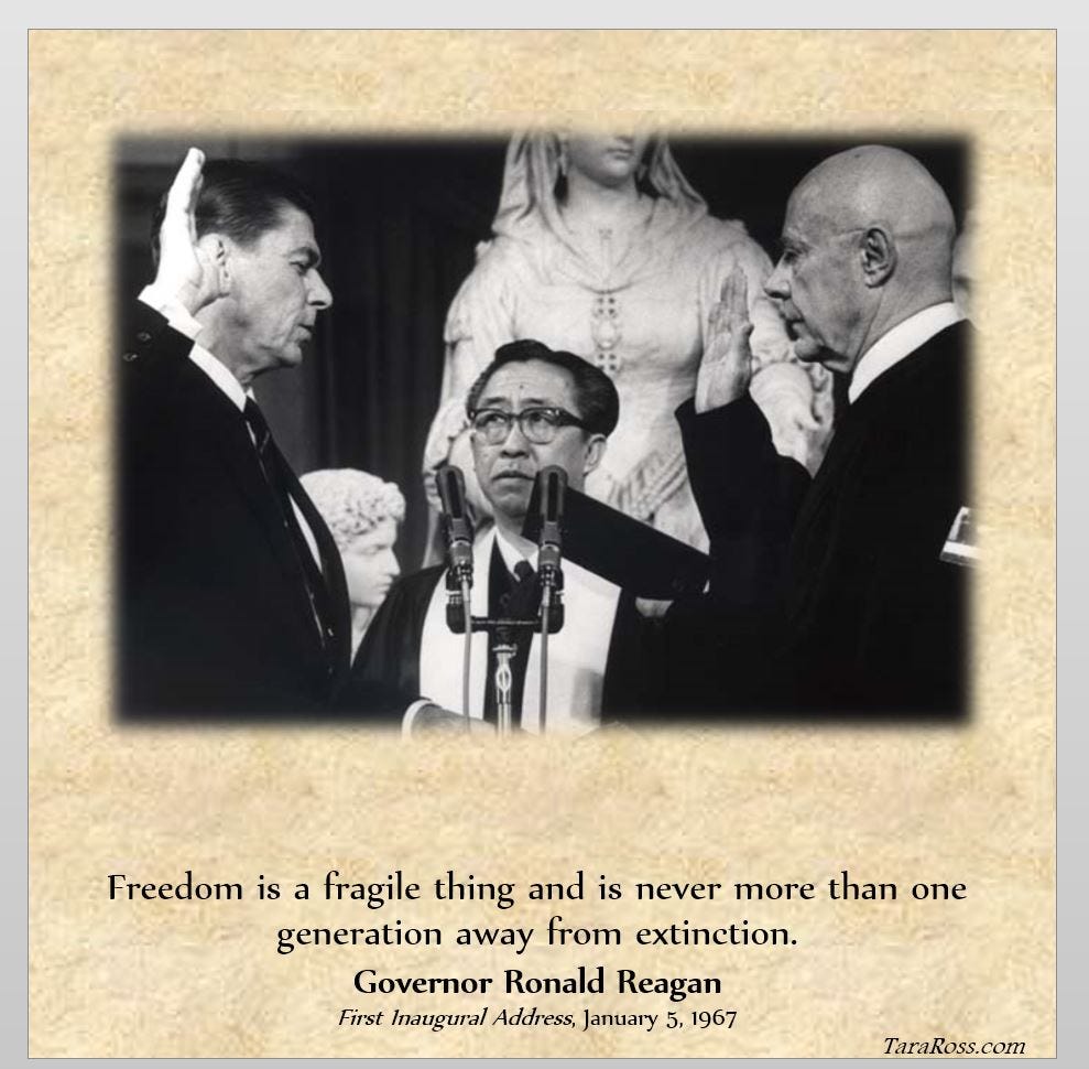 Picture of Reagan with his quote: "Freedom is a fragile thing and is never more than one generation away from extinction."
