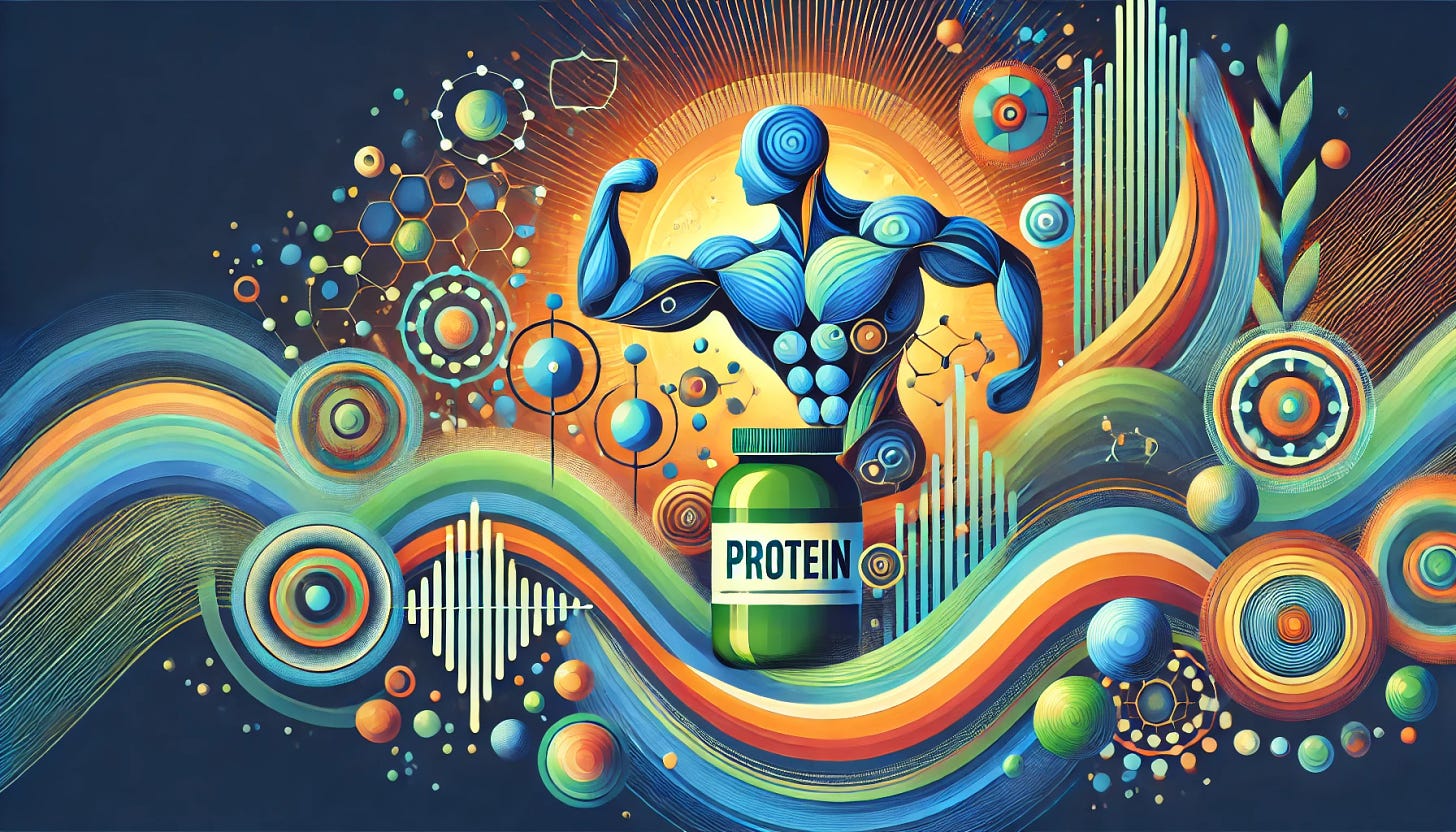 A vibrant and colorful abstract artwork representing the theme of health and nutrition, focusing on protein supplements. The composition includes symbolic elements like waves of energy, circular patterns resembling amino acids, and abstract depictions of muscle and vitality. Use dynamic colors like shades of blue, green, and orange with a balanced gradient effect to convey harmony and wellness. The style is modern, energetic, and eye-catching, perfect for a newsletter cover image. Render in a landscape aspect ratio.