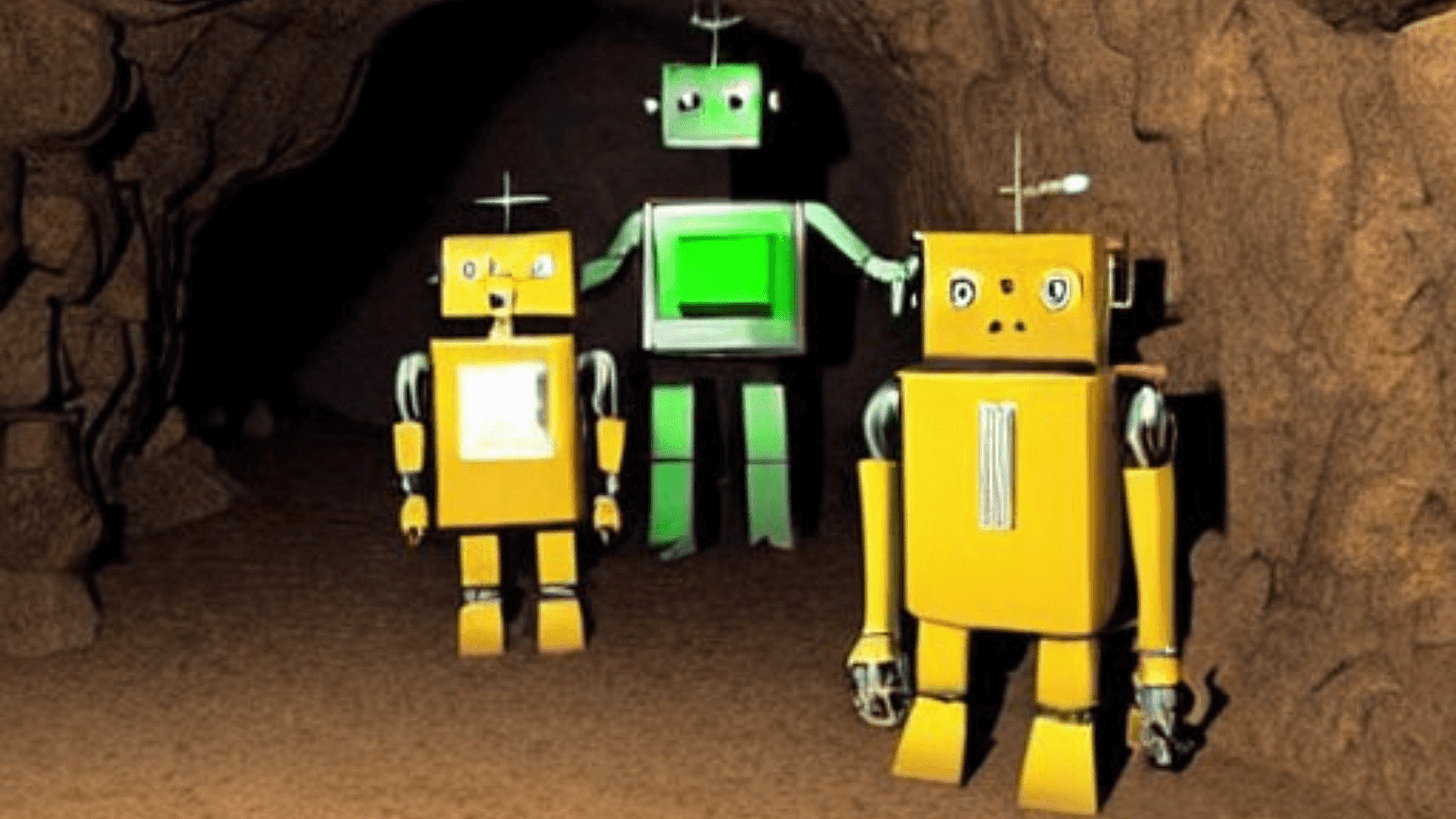Image of surprised robots in a cave