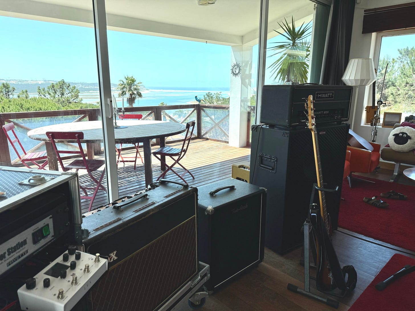 Guitar amps and gear overlooking the Atlantic ocean