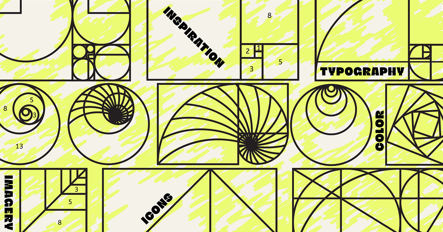 A beige background with line-illustrations in black and neon yellow. The words Inspiration, Icons, Imagery, and Typography is shown within the shapes.
